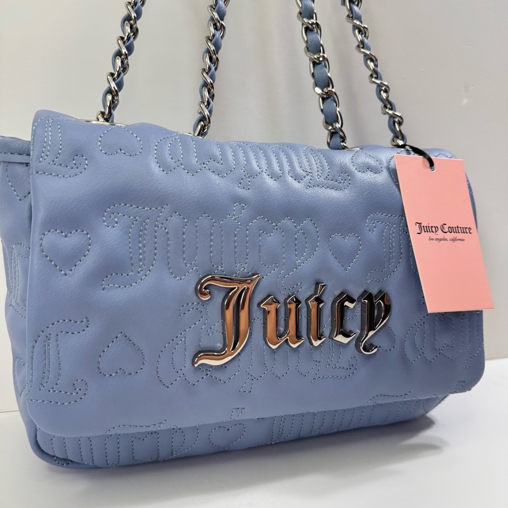 Juicy Couture YK2 Say My Name Flap Quilted Hearts Crossbody Bag Slate Blue - Picture 8 of 12